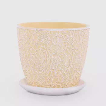 Бетонный горшок с поддоном Композит Лютик желтый с белый 15 см