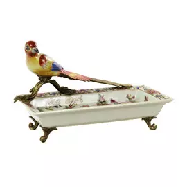 Блюдо Glasar фарфоровое с птичкой и на бронзовых ножках 27x15x15см