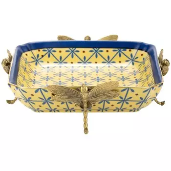 Блюдо Glasar на стрекозах желтое 17х17х6 см