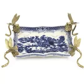 Блюдо на стрекозах Glasar ручной работы 29x21x10см