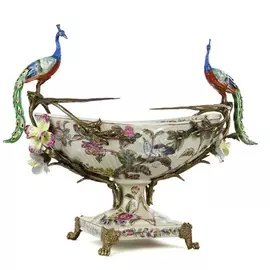 Чаша фарфоровая Glasar с павлинами и бронзовыми эллементами 47х17х30см