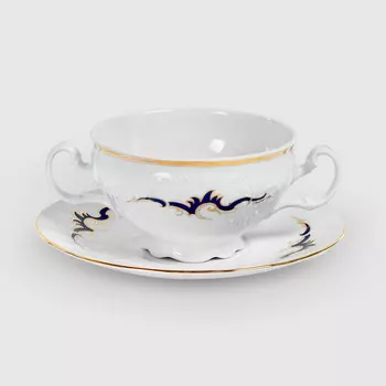 Чашка для бульона Bernadotte 360мл с блюдцем 180мм декор "синие вензеля"