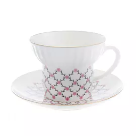 Чашка с блюдцем чайная, форма волна - розовая сетка ЛФЗ