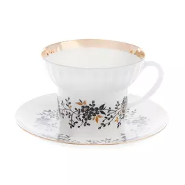 Чашка с блюдцем чайная, форма волна - тонкие веточки с отводкой ЛФЗ
