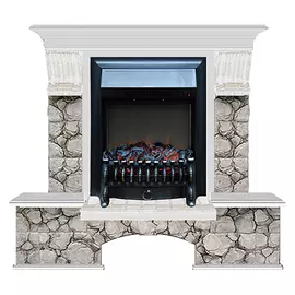 Каминокомплект Glenrich Бостон портал Карелия с белым дубом и очагом Fobos BL 122х40х108,5 см