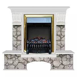 Каминокомплект Glenrich Бостон портал Карелия с белым дубом и очагом Fobos BR 122х40х108,5 см