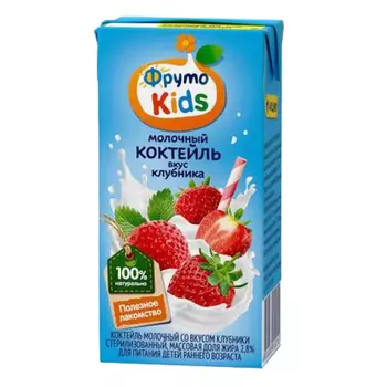 Коктейль молочный ФрутоНяня Клубника, 2,8%, 0,2 л