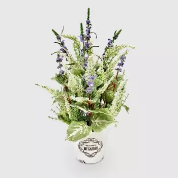 Композиция Конэко-О из лаванды в керамическом кашпо, сиренево-белая