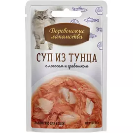 Корм для кошек Деревенские лакомства Суп из тунца с лососем и гребешком 35 г