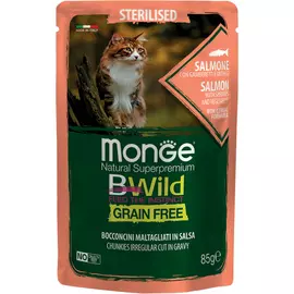 Корм для кошек Monge Cat BWild Grain Free Кусочки лосося с креветками и овощами, для стерилизованных 85 г