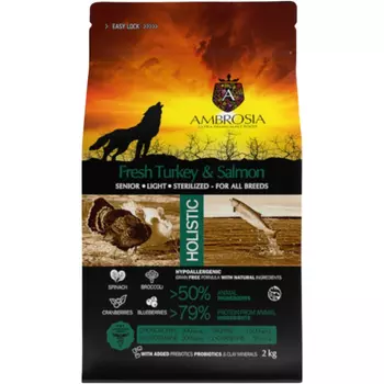 Корм для собак Ambrosia беззерновой для пожилых и стерилизованных с индейкой и лососем 2 кг