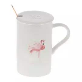Кружка 360 мл с крышкой и ложкой Jinjiada розовый фламинго2