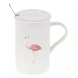 Кружка 360мл с крышкой и ложкой Jinjiada розовый фламинго1