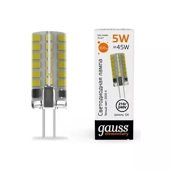 Лампа Gauss Elementary G4 AC210-240V 5W 400lm 3000K силикон LED