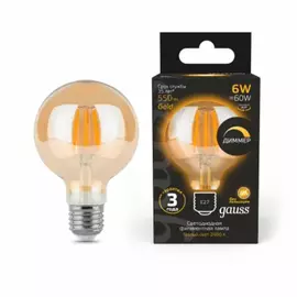 Лампа Gauss Filament G95 6W 620lm 2400К Е27 golden диммируемая LED