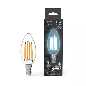 Лампа Gauss Filament Свеча 13W 1150lm 4100К Е14 LED 1/10/50