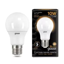 Лампа Gauss LED A60 10W E27 880lm 3000K 1/10/50