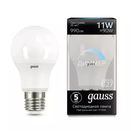 Лампа Gauss LED A60-dim E27 11W 990lm 4100К диммируемая 1/10/50