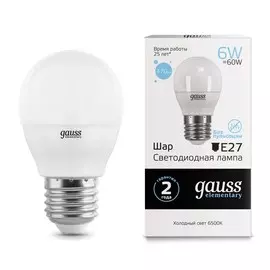 Лампа Gauss LED Elementary Шар 6W E27 470lm 6500K 1/10/100
