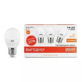 Лампа Gauss LED Elementary Шар 7W E27 2700K 1/40 (3 лампы в упаковке)