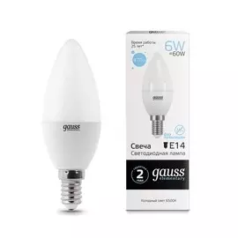 Лампа Gauss LED Elementary Свеча 6W E14 470lm 6500K 1/10/100