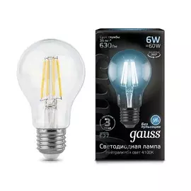 Лампа Gauss LED Filament A60 E27 6W 630lm 4100К 1/10/40