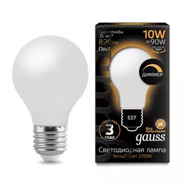 Лампа Gauss LED Filament A60 OPAL dimmable E27 10W 820lm 2700К 1/10/40