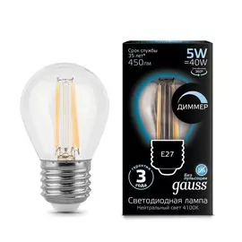 Лампа Gauss LED Filament Шар dimmable E27 5W 450lm 4100K 1/10/50