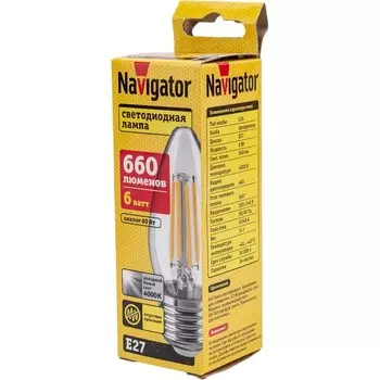 Лампа Navigator LED filament свеча с35 6 вт х е27