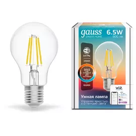 Умная Wi-Fi лампочка Gauss Smart Home Filament А60 6,5W 806лм E27 управление голосом/смартфоном, с изменением температуры, диммируемая