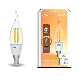 Умная Wi-Fi лампочка Gauss Smart Home Filament СF35 4,5W 495лм E14 управление голосом/смартфоном, диммируемая