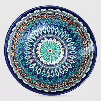 Ляган узбекский Риштанская керамика Узоры Риштанская роспись синяя, глубокий 33 см 410825