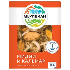 Мидии и кальмары Меридиан отварные в желе с зеленью, 200 г