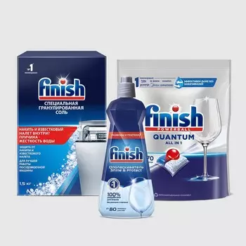 Набор для посудомоечной машины Finish Quantum: таблетки 70 шт, ополаскиватель 400 мл, соль 1.5 кг
