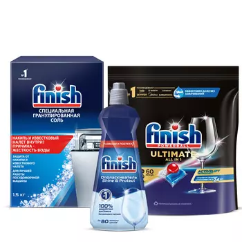 Набор для посудомоечной машины Finish Ultimate: таблетки 60 шт, ополаскиватель 400 мл, соль 1.5 кг