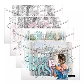 Набор из 4 папок-конвертов на кнопке Erich Krause Dreamy Girls A4 в ассортименте