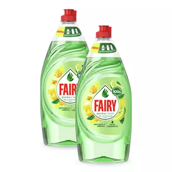 Набор средств для мытья посуды FAIRY Pure &amp; Clean Бергамот и Имбирь 2x900 мл