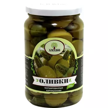 Оливки зеленые Amado с корнишоном 350 г
