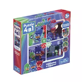 Пазл Герои в масках "Команда Кэтбой" 4в1 + наклейки