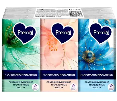 Платочки Premial бумажные 3 слоя белые не ароматические 10 шт