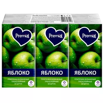 Платочки Premial бумажные 3 слоя с ароматом клубники, яблока, лимона 10 шт