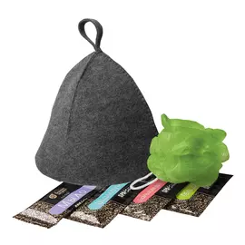 Подарочный набор 6 предметов в пакете ПВХ с крючком (шапка, мочалка, бальзам, шампунь, гель, мыло) "Банные штучки"/20