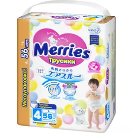 Трусики-подгузники для детей Merries размер L / 4 (9-14кг), 56 шт, увеличенная пачка, дышащие