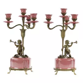 Подсвечник Glasar 4х рожковый, фарфоровый, розовый с бронзовой фигурой мальчика, 30,48 см