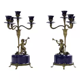 Подсвечник Glasar 4х рожковый, фарфоровый, синий с бронзовой фигурой мальчика с трубой, 30,48 см