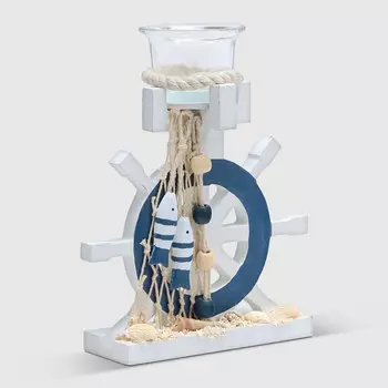 Подсвечник штурвал бело-синий 16x7x19.5 см