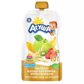 Пюре Агуша яблоко, банан, клубника, злаки, 90 г