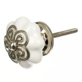 Ручка керамическая Blumen haus "цветок антиквариат" белый, серебряный