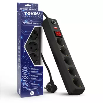 Сетевой фильтр Tokov Electric 5 розеток 5 м 16А сечение 3х1 мм черный
