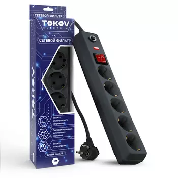 Сетевой фильтр Tokov Electric 5 розеток 5 м 16А сечение 3х1 мм серый